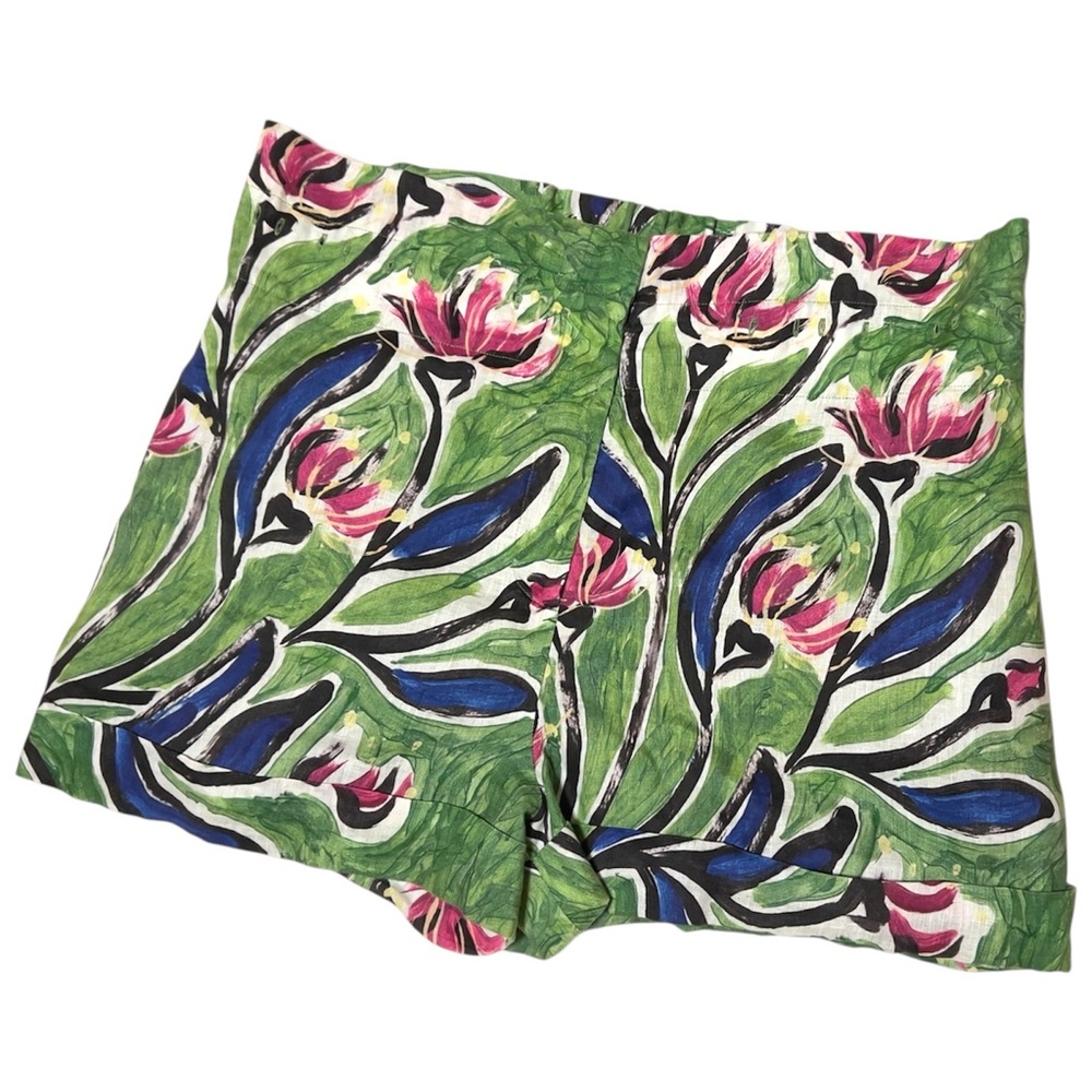 Aje Green Floral High Waist Women's Shorts with Pink & Blue Accents